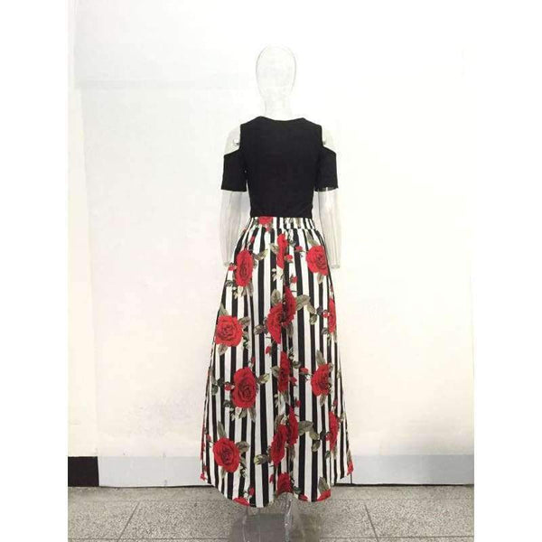 Planet Gates S JRRY New Two Pieces Casual Women Maxi Dresses Short Sleeve Black Top Long Pattern Floral Dress Plus Size 6XL Vestidos