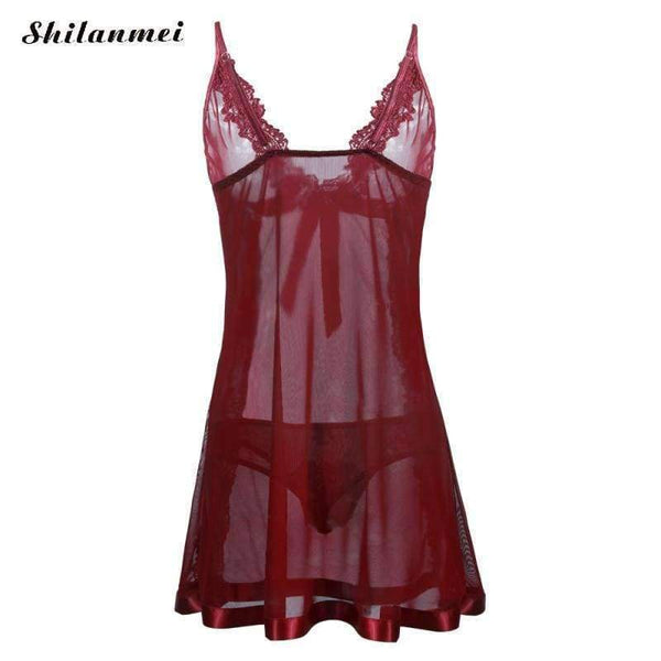 Planet Gates S Lady transparent Lace Microfiber wine red G-String Nightie Large Size Sleepwear Intimates Sexy Women Underwear Set Langerie