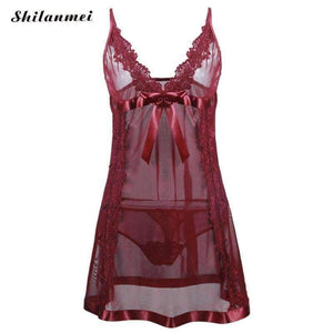 Planet Gates S Lady transparent Lace Microfiber wine red G-String Nightie Large Size Sleepwear Intimates Sexy Women Underwear Set Langerie