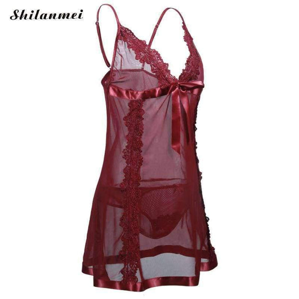 Planet Gates S Lady transparent Lace Microfiber wine red G-String Nightie Large Size Sleepwear Intimates Sexy Women Underwear Set Langerie