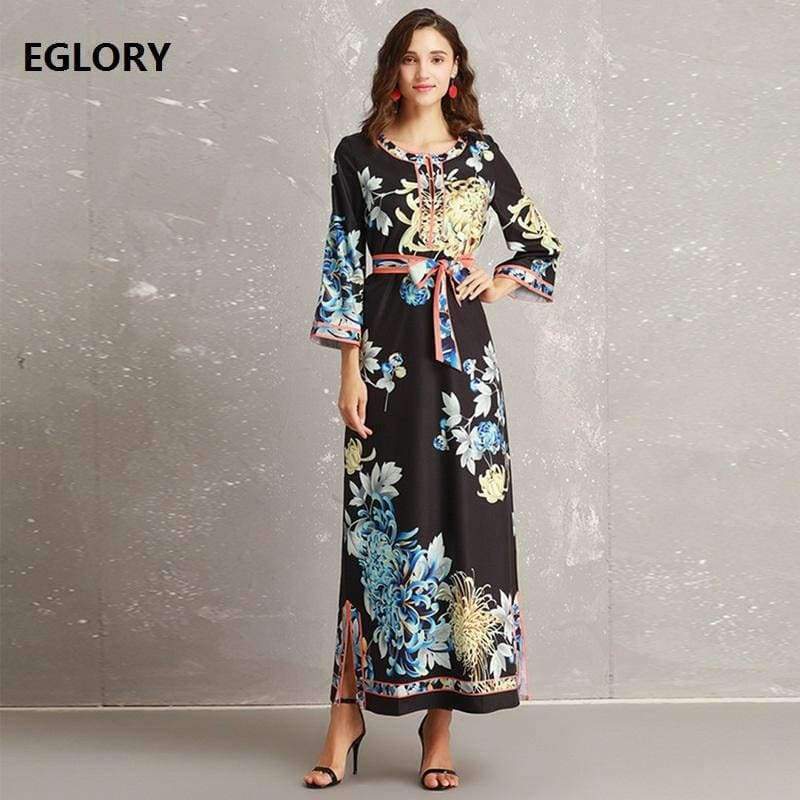 Planet Gates S Long Dress 2018 Autumn Fashion Style Women Retro Flower Print Split Elegant Party Event Dress Vestidos De Longo Festa