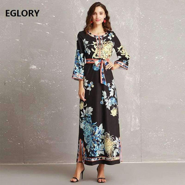 Planet Gates S Long Dress 2018 Autumn Fashion Style Women Retro Flower Print Split Elegant Party Event Dress Vestidos De Longo Festa