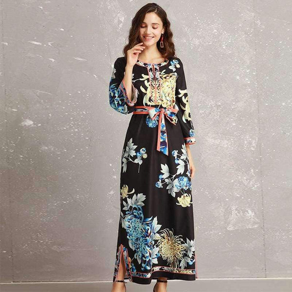 Planet Gates S Long Dress 2018 Autumn Fashion Style Women Retro Flower Print Split Elegant Party Event Dress Vestidos De Longo Festa