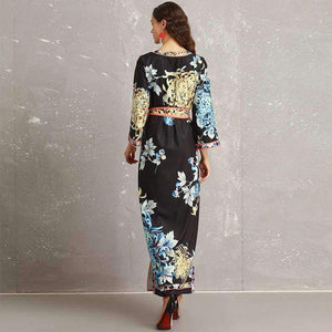 Planet Gates S Long Dress 2018 Autumn Fashion Style Women Retro Flower Print Split Elegant Party Event Dress Vestidos De Longo Festa