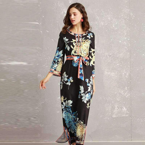 Planet Gates S Long Dress 2018 Autumn Fashion Style Women Retro Flower Print Split Elegant Party Event Dress Vestidos De Longo Festa