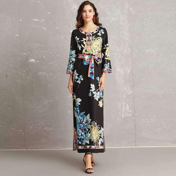 Planet Gates S Long Dress 2018 Autumn Fashion Style Women Retro Flower Print Split Elegant Party Event Dress Vestidos De Longo Festa