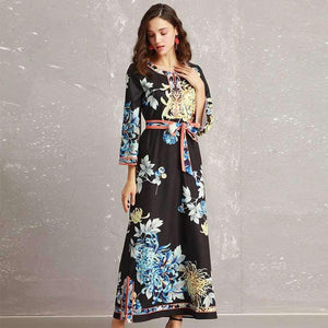 Planet Gates S Long Dress 2018 Autumn Fashion Style Women Retro Flower Print Split Elegant Party Event Dress Vestidos De Longo Festa