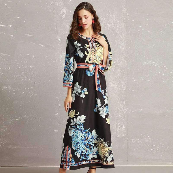 Planet Gates S Long Dress 2018 Autumn Fashion Style Women Retro Flower Print Split Elegant Party Event Dress Vestidos De Longo Festa