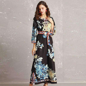 Planet Gates S Long Dress 2018 Autumn Fashion Style Women Retro Flower Print Split Elegant Party Event Dress Vestidos De Longo Festa