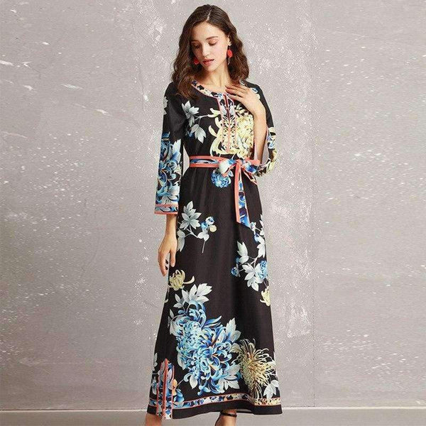 Planet Gates S Long Dress 2018 Autumn Fashion Style Women Retro Flower Print Split Elegant Party Event Dress Vestidos De Longo Festa