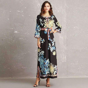 Planet Gates S Long Dress 2018 Autumn Fashion Style Women Retro Flower Print Split Elegant Party Event Dress Vestidos De Longo Festa