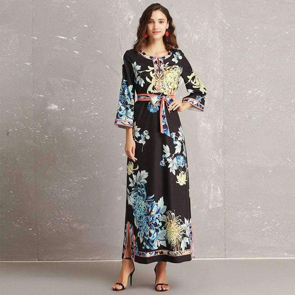 Planet Gates S Long Dress 2018 Autumn Fashion Style Women Retro Flower Print Split Elegant Party Event Dress Vestidos De Longo Festa