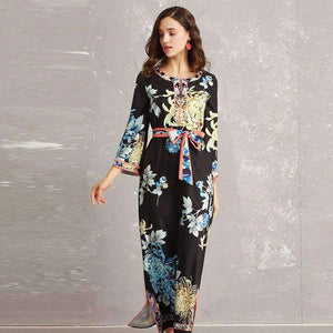 Planet Gates S Long Dress 2018 Autumn Fashion Style Women Retro Flower Print Split Elegant Party Event Dress Vestidos De Longo Festa