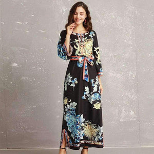 Planet Gates S Long Dress 2018 Autumn Fashion Style Women Retro Flower Print Split Elegant Party Event Dress Vestidos De Longo Festa