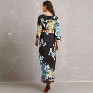 Planet Gates S Long Dress 2018 Autumn Fashion Style Women Retro Flower Print Split Elegant Party Event Dress Vestidos De Longo Festa