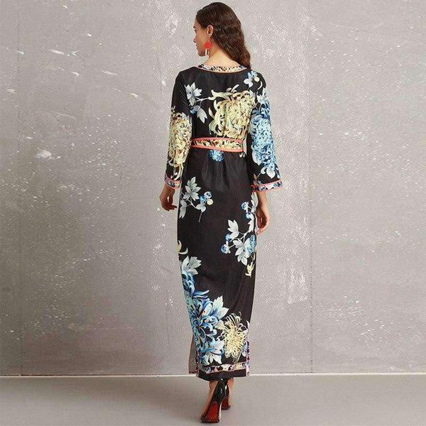 Planet Gates S Long Dress 2018 Autumn Fashion Style Women Retro Flower Print Split Elegant Party Event Dress Vestidos De Longo Festa