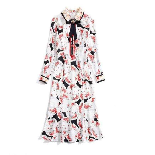 Planet Gates S Print Dress 2018 Autumn Fashion Clothing Women Turn-down Collar Beading Elegant Long Sleeve Party Midi Dress Events