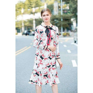 Planet Gates S Print Dress 2018 Autumn Fashion Clothing Women Turn-down Collar Beading Elegant Long Sleeve Party Midi Dress Events