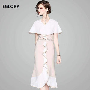 Planet Gates S Women Fashion Party Elegant Dress 2018 Summer Event Ladies Cape Poncho Style Pearl Beading Bodycon Ruffles Dress