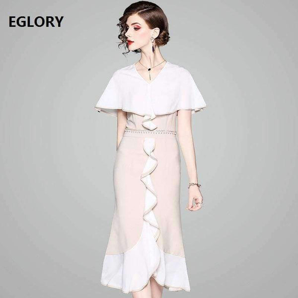 Planet Gates S Women Fashion Party Elegant Dress 2018 Summer Event Ladies Cape Poncho Style Pearl Beading Bodycon Ruffles Dress