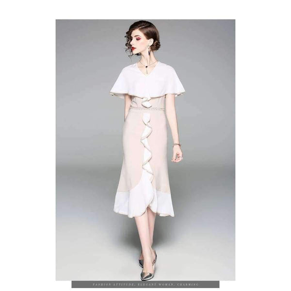 Planet Gates S Women Fashion Party Elegant Dress 2018 Summer Event Ladies Cape Poncho Style Pearl Beading Bodycon Ruffles Dress