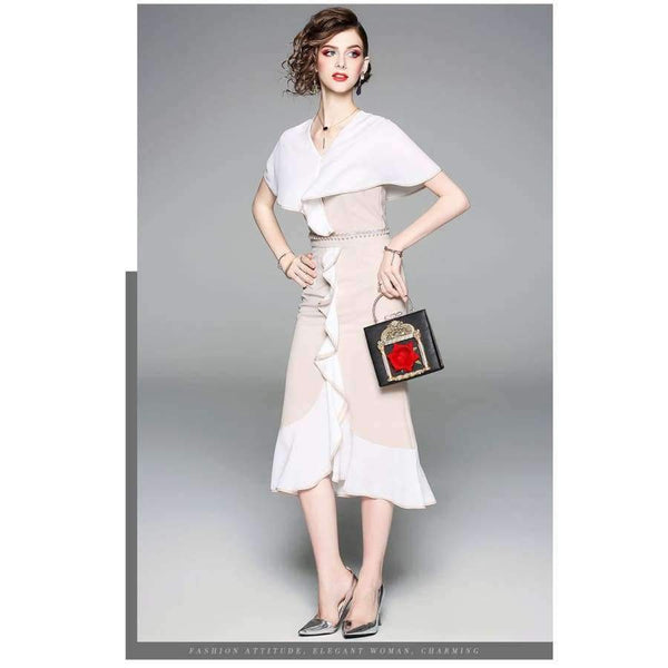 Planet Gates S Women Fashion Party Elegant Dress 2018 Summer Event Ladies Cape Poncho Style Pearl Beading Bodycon Ruffles Dress