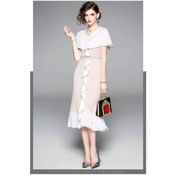 Planet Gates S Women Fashion Party Elegant Dress 2018 Summer Event Ladies Cape Poncho Style Pearl Beading Bodycon Ruffles Dress