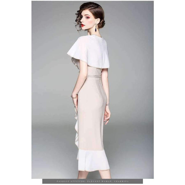 Planet Gates S Women Fashion Party Elegant Dress 2018 Summer Event Ladies Cape Poncho Style Pearl Beading Bodycon Ruffles Dress