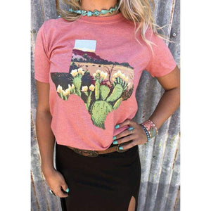 Planet Gates S Women Pink T-Shirt Floral Cactus Texas Print T-Shirt Summer Short Sleeve Soft O-Neck T-Shirt Casual Floral Tops Tee