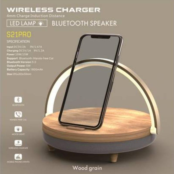 Planet Gates S21 Pro Bluetooth Speaker Wood Wireless Chargers LED Lamp for iPhone 13 13Pro 12 Holder 15W High Power Fast Charging Stand