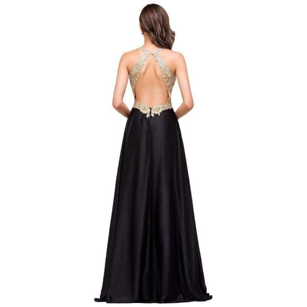 Planet Gates same as pic / 2 Luxury Gold Lace V-neck Long Evening Dresses 2017 Sexy Open Back Formal Prom Party Dress Black robe de soiree