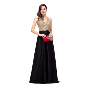 Planet Gates same as pic / 2 Luxury Gold Lace V-neck Long Evening Dresses 2017 Sexy Open Back Formal Prom Party Dress Black robe de soiree