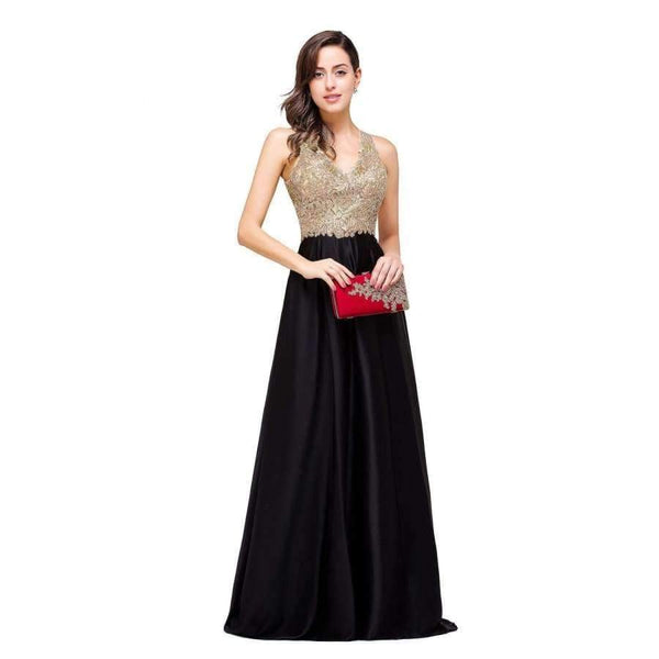 Planet Gates same as pic / 2 Luxury Gold Lace V-neck Long Evening Dresses 2017 Sexy Open Back Formal Prom Party Dress Black robe de soiree