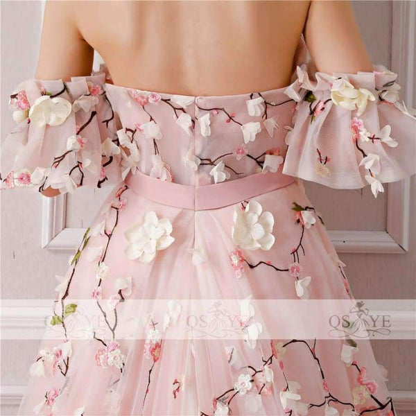 New Arrival 3D Floral Flower Formal Evening Dresses Sweetheart Lace Sweep Train Vintage Prom Dress Party Gown