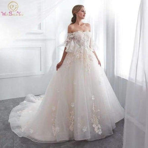Planet Gates same as picture / 2 Robe De Mariage 2018 Wedding Dresses Champagne Ball Gown Off Shoulder Short Sleeves Lace Applique Bride Gowns