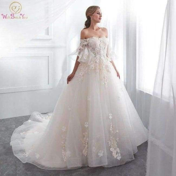 Planet Gates same as picture / 2 Robe De Mariage 2018 Wedding Dresses Champagne Ball Gown Off Shoulder Short Sleeves Lace Applique Bride Gowns