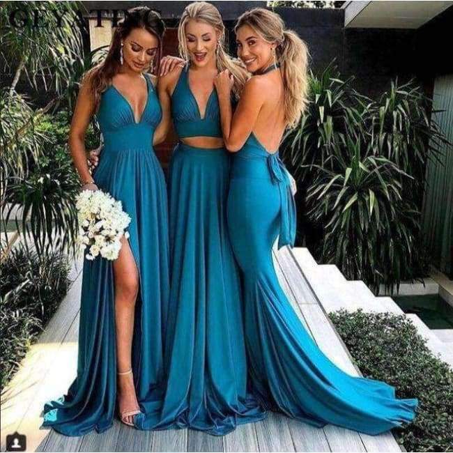 Blue Side Slit Mermaid Bridesmaid Dresses Long Sexy Backless Wedding Party Dress 2018 V-Neck Bride Blue Side Slit Mermaid Bridesmaid Dresses Long Sexy Backless Wedding Party Dress 2018 V-Neck Bride