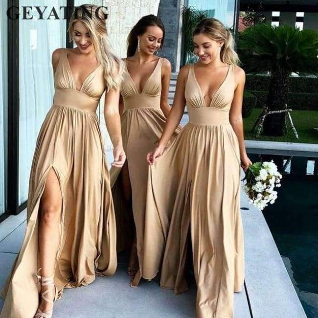 V-neck Champagne Gold Bridesmaid Dresses Long Elegant Dress Women For Wedding Party Bestidos de V-neck Champagne Gold Bridesmaid Dresses Long Elegant Dress Women For Wedding Party Bestidos de