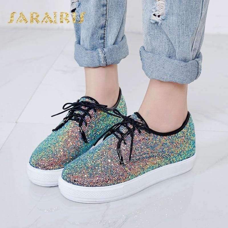 Planet Gates SaraIris Women's Glitter Upper Lace Up Casual Sneakers Woman Round Toe Comfortable Vulcanize Shoes