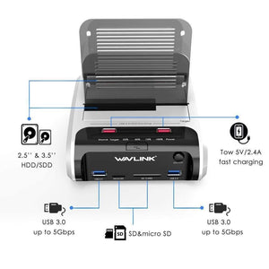 SATA HDD 2.5"3.5" External Hard Drive USB 3.0 Docking Station 5Gbps Offline Clone Card Reader for Hard Drive up to 10TB