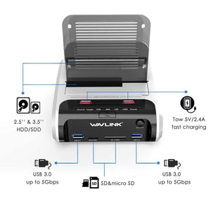 SATA HDD 2.5"3.5" External Hard Drive USB 3.0 Docking Station 5Gbps Offline Clone Card Reader for Hard Drive up to 10TB