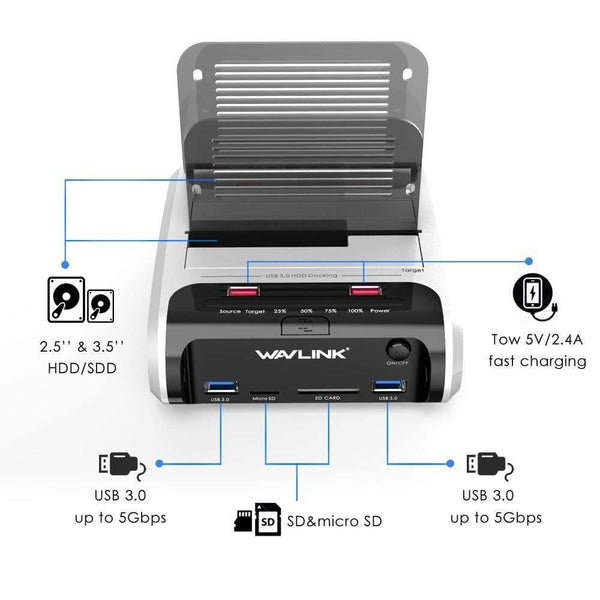 SATA HDD 2.5"3.5" External Hard Drive USB 3.0 Docking Station 5Gbps Offline Clone Card Reader for Hard Drive up to 10TB