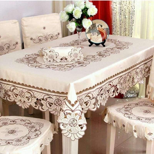 Planet Gates Satin Fabric Tablecloth Rectangle Elegant Hollow Embroidered Floral Thick Table cloth  Wedding Party Decor Table Covers