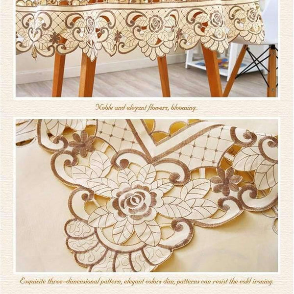 Planet Gates Satin Fabric Tablecloth Rectangle Elegant Hollow Embroidered Floral Thick Table cloth  Wedding Party Decor Table Covers