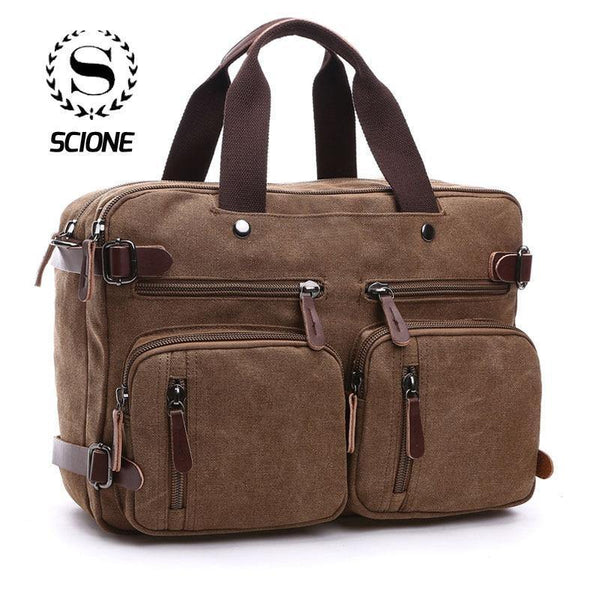 Planet Gates Scione Men Canvas Bag Leather Briefcase Travel Suitcase Messenger Shoulder Tote Back Handbag Large Casual Business Laptop Pocket