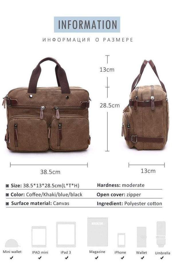 Planet Gates Scione Men Canvas Bag Leather Briefcase Travel Suitcase Messenger Shoulder Tote Back Handbag Large Casual Business Laptop Pocket