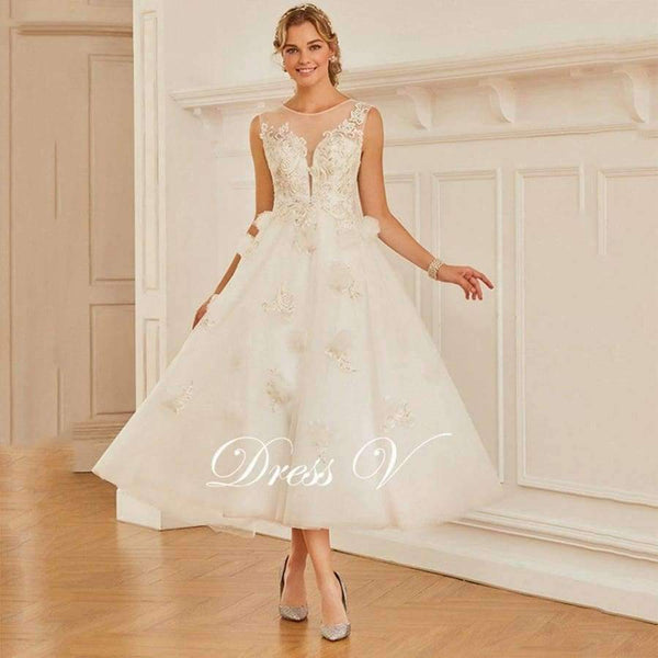 Planet Gates Scoop Neck A-line Wedding Dress Sleeveless Tea Length Appliques Tulle Zipper-up Church Garden Princess Wedding Dresses