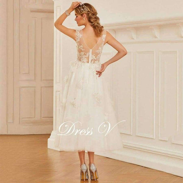 Planet Gates Scoop Neck A-line Wedding Dress Sleeveless Tea Length Appliques Tulle Zipper-up Church Garden Princess Wedding Dresses