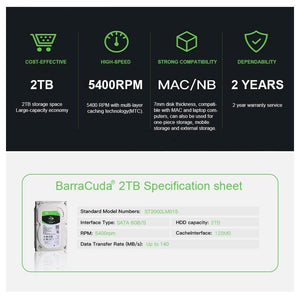 Planet Gates Seagate 2TB 2.5 Inch HDD 5400RPM 128MB Cache Mobile Hard Drive SATA 6Gb/s Laptop Internal Hard Disk 2 TB Hard Disk