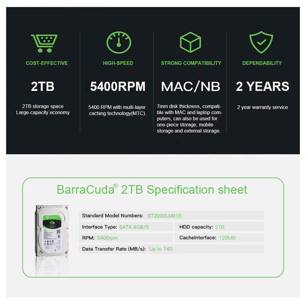 Planet Gates Seagate 2TB 2.5 Inch HDD 5400RPM 128MB Cache Mobile Hard Drive SATA 6Gb/s Laptop Internal Hard Disk 2 TB Hard Disk